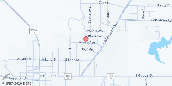 Map showing Bud Moody Stadium at Morris Ave., Quitman, TX