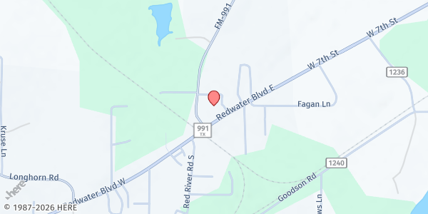 Map showing First Baptist Church Redwater at 105 Redwater Blvd. E., Redwater, TX