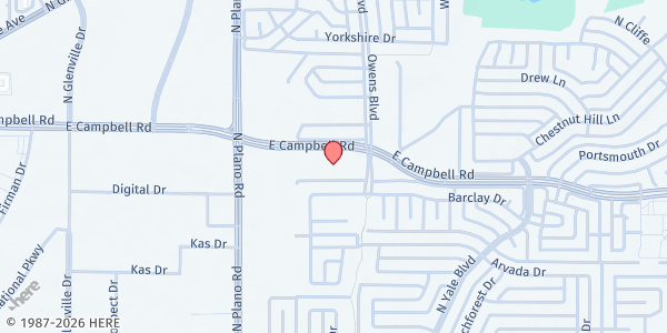 Map showing CARE Church at 1504 E. Campbell Rd., Richardson, TX