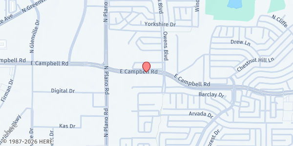 Map showing CARE Church at 1504 E. CAMPBELL RD, RICHARDSON, TX
