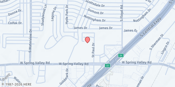 Map showing St. Paul Catholic Church Parish Center at 900 St. Paul Dr., Richardson, TX