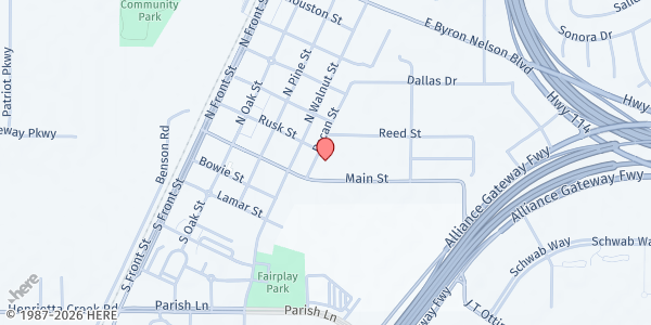 Map showing Roanoke Food Pantry at 108 Pecan St., Roanoke, TX