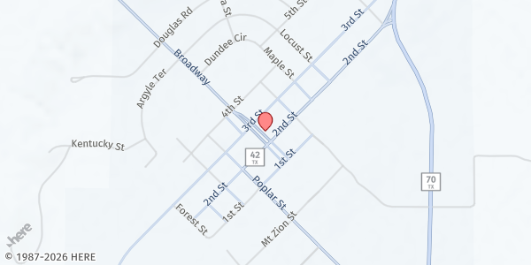 Map showing City Hall at 209 Broadway, Roaring Springs, TX