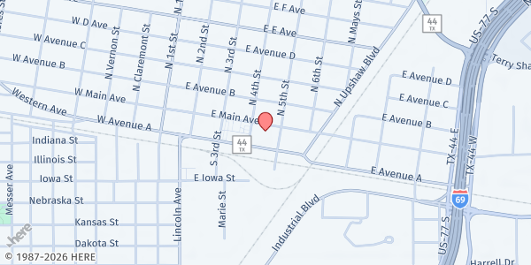 Map showing The Bridge Church (Bread of Life Food Pantry) at 416 E. Main Ave., Robstown, TX