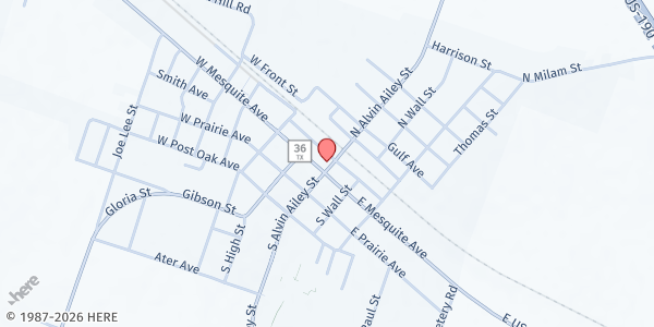 Map showing Rogers Community Alliance at 2 W. Mesquite Ave., Rogers, TX