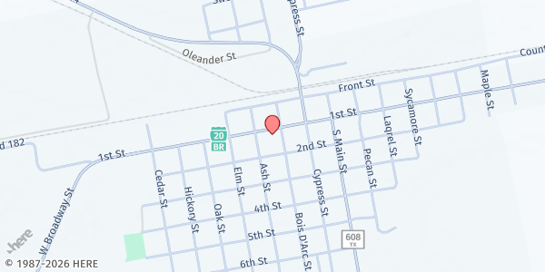 Map showing Roscoe Community Center Mobile Pantry at 100 Bois D Arc St., Roscoe, TX