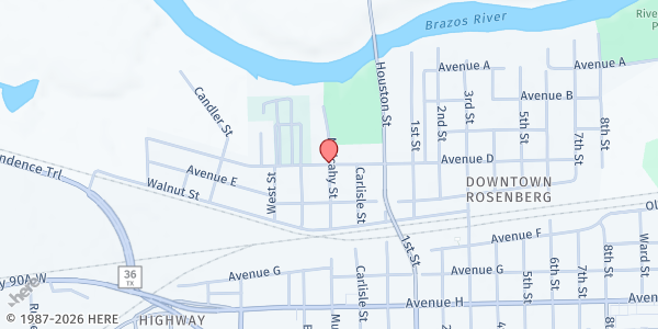 Map showing Our Lady of Guadalupe Catholic Church at 500 Mulcahy St, Rosenberg, TX