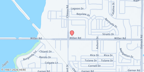 Map showing First Christian Church at 7301 Miller Rd., Rowlett, TX