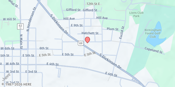 Map showing River of Life Christian Center at 677 S. Dickinson Dr., Rusk, TX