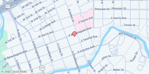 Map showing First Methodist Church at 37 E. Beauregard Ave., San Angelo, TX