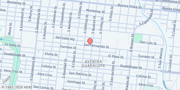 Map showing AGORA Ministries at 1807 San Fernando St., San Antonio, TX