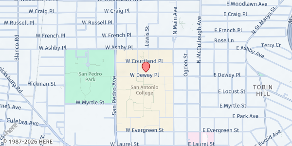 Map showing Alamo City Church of Christ Student Center at 301 W. Dewey Pl., San Antonio, TX