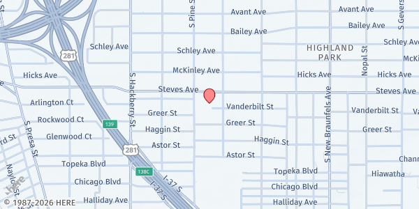 Map showing Alice Angels at 1518 Steves Ave, San Antonio, TX