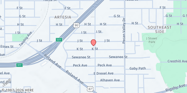 Map showing Bright and Morning Star Baptist Church at 547 K St., San Antonio, TX