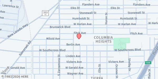 Map showing Columbia Heights Elementary - Community First Health Plans Food Pantry at 1610 Fitch Ave., San Antonio, TX