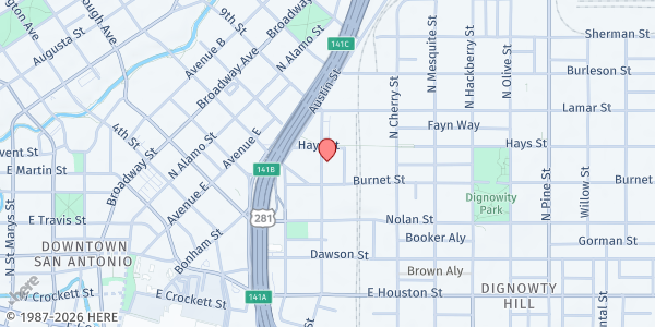 Map showing Communities Under the Bridge - Main Location at 724 Chestnut St., San Antonio, TX