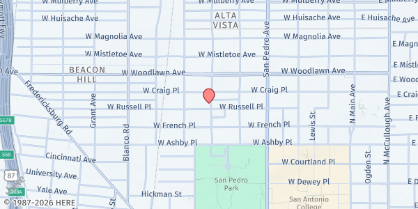 Map showing Community First Health Plans at Oscar De La Tienda at 801 W. Russell Pl., San Antonio, TX