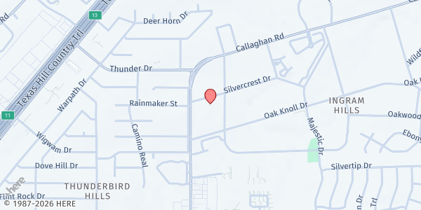 Map showing Community First Health Plans Food Pantry at 5914 Silvercrest, San Antonio, TX