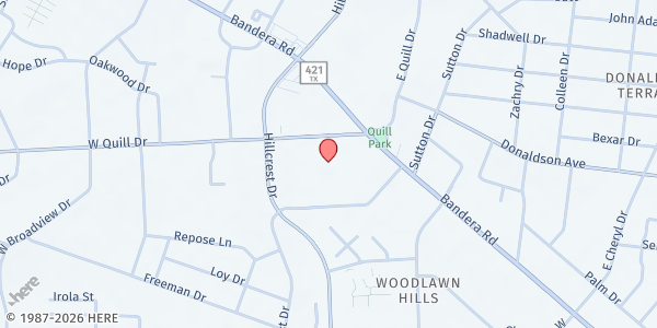 Map showing Community First Health Plans (Woodlawn Hills Elementary School) at 110 W. Quill Dr., San Antonio, TX