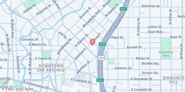 Map showing Corazon Ministries Day Center at 504 Ave E, San Antonio, TX