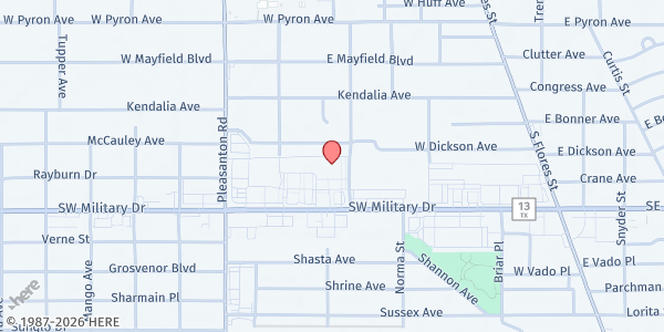 Map showing Elvira Cisneros Senior Community Center at 517 SW Military Dr., San Antonio, TX