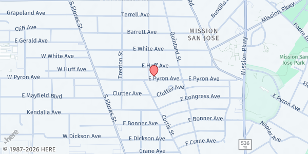 Map showing Glory Land Revival Center Church at 307 E. Pyron Ave., San Antonio, TX
