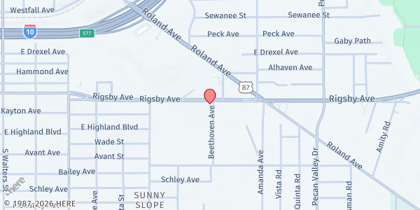 Map showing Greater Corinth Baptist Church Food Pantry at 1690 Rigsby Ave., San Antonio, TX