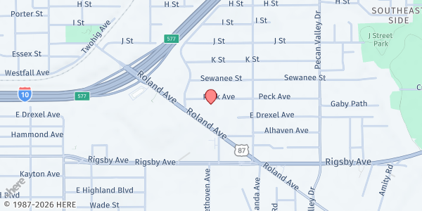 Map showing Greater Love Missionary Baptist Church at 1534 Peck Ave., San Antonio, TX