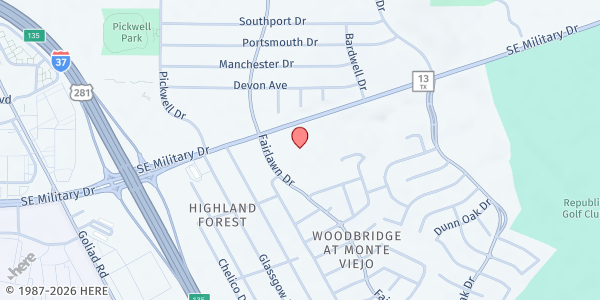Map showing Highland Forest Elementary School - Community First Health Plans Food Pantry at 3736 SE Military Dr., San Antonio, TX