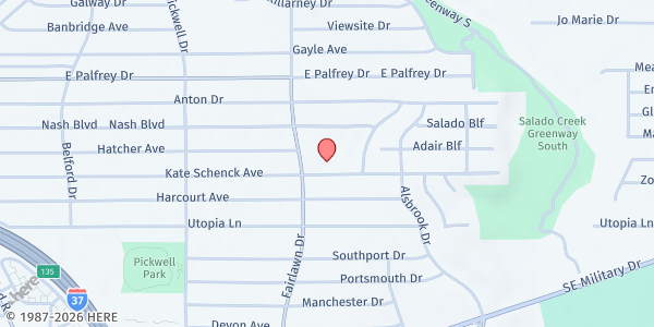 Map showing Holy Name Catholic Church at 3814 Nash Blvd., San Antonio, TX