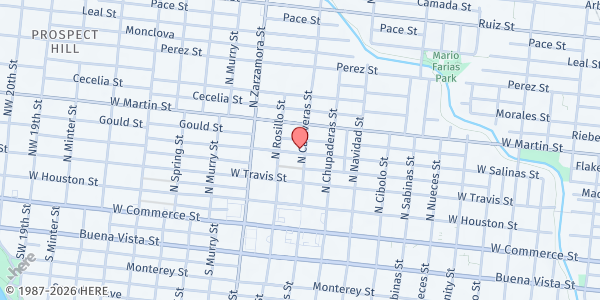 Map showing House of Neighborly Service - San Antonio at 407 N. Calaveras, San Antonio, TX