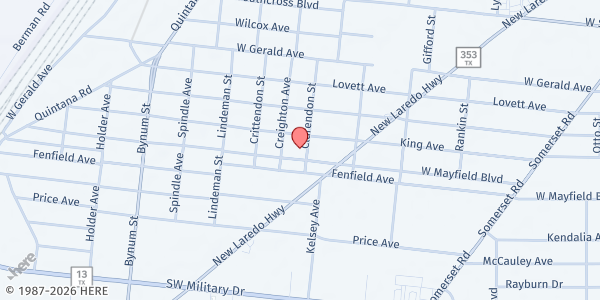 Map showing Iglesia La Mies South Campus at 1303 W. Mayfield Blvd., San Antonio, TX