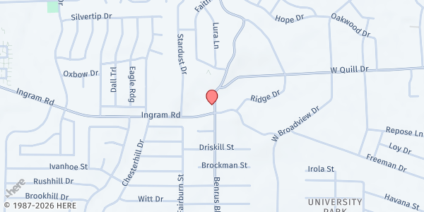 Map showing International Bible Church at 2369 Benrus Blvd., San Antonio, TX