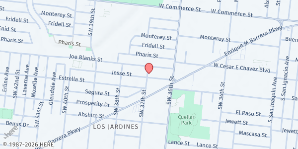 Map showing Los Jardines Community Pantry at 149 Jesse St., San Antonio, TX