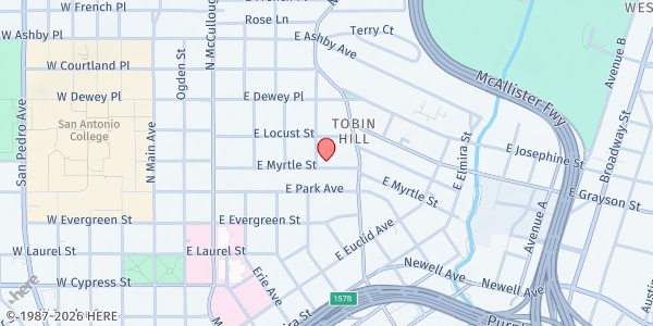 Map showing Metropolitan Community Church (MCC) San Antonio at 611 E. Myrtle St., San Antonio, TX