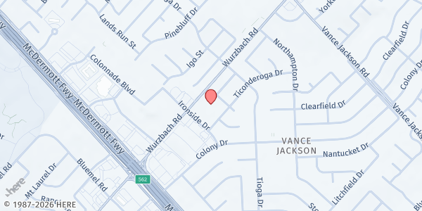 Map showing Mobile Loaves and Fishes - House of Prayer Lutheran Church at 10226 Ironside Dr., San Antonio, TX