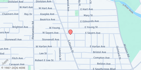 Map showing Morrill Elementary - Community First Health Plans Food Pantry at 5200 S. Flores St., San Antonio, TX