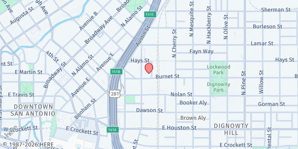 Map showing Rana Sullivan Ministries - The Lamb's Storehouse at 315 Burnet St., San Antonio, TX
