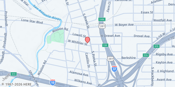 Map showing St. Cecilia's Catholic Church at 125 W. Whittier St., San Antonio, TX