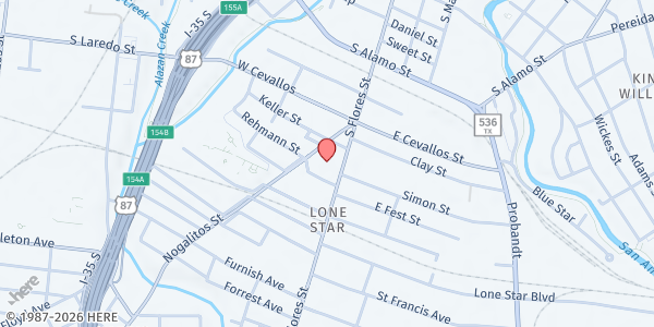 Map showing St. Henry Catholic Church at 1619 S. Flores St., San Antonio, TX