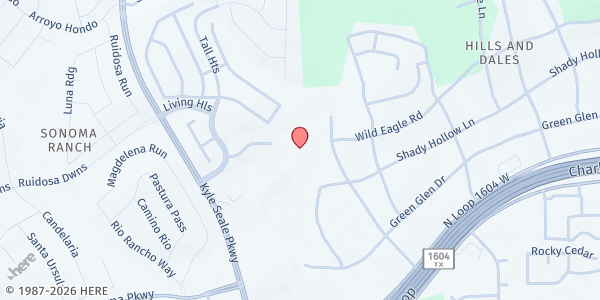 Map showing St. Vincent de Paul - Our Lady of the Atonement Catholic Church at 15415 Red Robin Rd., San Antonio, TX