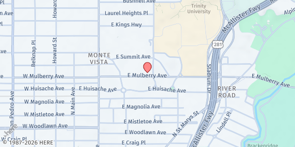 Map showing Trinity Baptist Church - Bountiful Blessings at 319 E. Mulberry Ave., San Antonio, TX