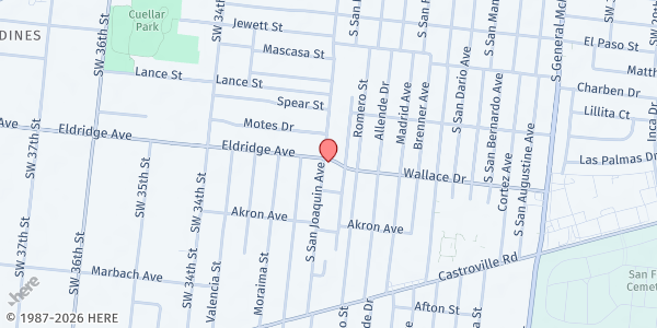 Map showing Winds of Grace Church/Iglesia Vientos de Gracia at 900 S. San Joaquin Ave., San Antonio, TX