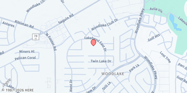 Map showing Woodlake Elementary School at 5501 Lakebend E Drive, SAN ANTONIO, TX