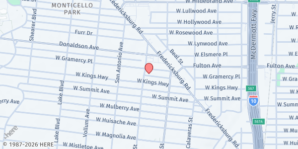 Map showing Woodlawn Christian Church at 1744 W. Gramercy Pl., San Antonio, TX