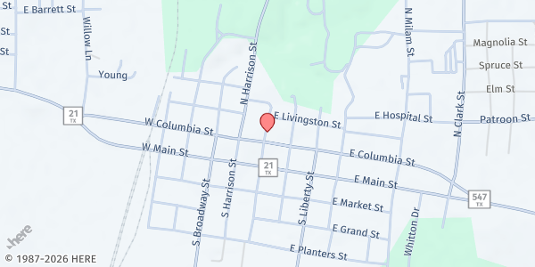 Map showing Care and Share at 104 N. Montgomery, San Augustine, TX