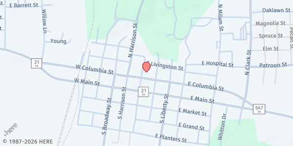 Map showing Care and Share Food Pantry at 104 N. Montgomery St., San Augustine, TX