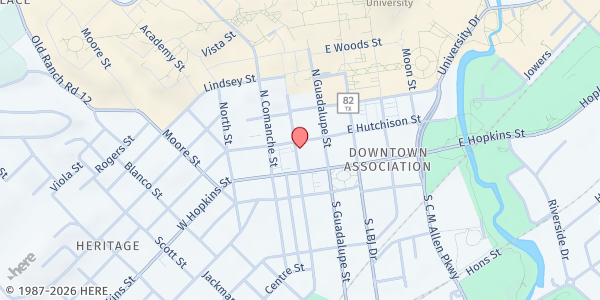 Map showing First UMC San Marcos at 129 W. Hutchison St., San Marcos, TX