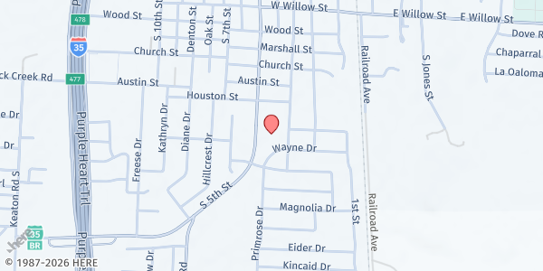 Map showing First Baptist Sanger at 708 S. 5th St, Sanger, TX