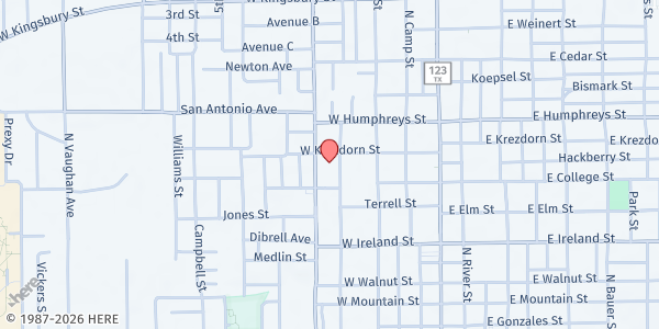 Map showing Our Lady of Guadalupe Church Food Pantry at 409 W. Krezdorn St., Seguin, TX